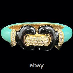 Vintage Ciner NY gold plated teal & black enameled hinged cuff bangle