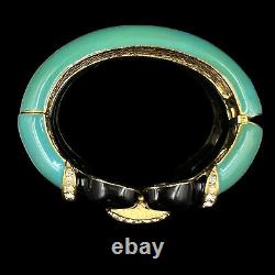 Vintage Ciner NY gold plated teal & black enameled hinged cuff bangle