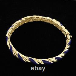 Vintage Classic 14 k Solid Gold Bangle Bracelet with Blue Enamel Fits 7 Wrist