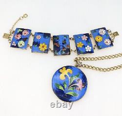 Vintage Cloisonne Enamel Bracelet & Pendant Set Robert Kuo Signed Mid Century