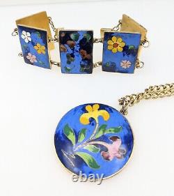 Vintage Cloisonne Enamel Bracelet & Pendant Set Robert Kuo Signed Mid Century