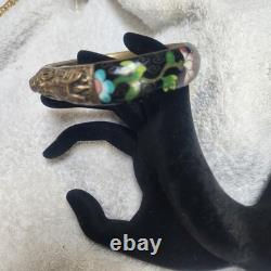 Vintage Cloisonne Enamel Dragon Bangle Bracelet Black Floral Brass Tone