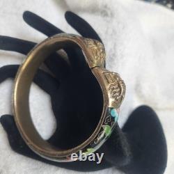 Vintage Cloisonne Enamel Dragon Bangle Bracelet Black Floral Brass Tone