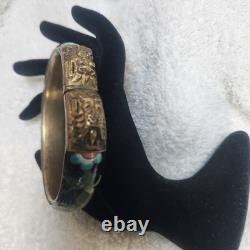 Vintage Cloisonne Enamel Dragon Bangle Bracelet Black Floral Brass Tone