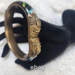 Vintage Cloisonne Enamel Dragon Bangle Bracelet Black Floral Brass Tone