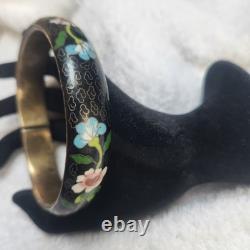 Vintage Cloisonne Enamel Dragon Bangle Bracelet Black Floral Brass Tone