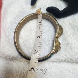 Vintage Cloisonne Enamel Dragon Bangle Bracelet Black Floral Brass Tone