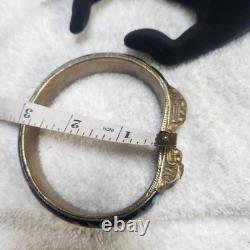 Vintage Cloisonne Enamel Dragon Bangle Bracelet Black Floral Brass Tone