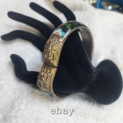 Vintage Cloisonne Enamel Dragon Bangle Bracelet Black Floral Brass Tone