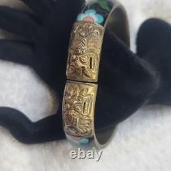 Vintage Cloisonne Enamel Dragon Bangle Bracelet Black Floral Brass Tone