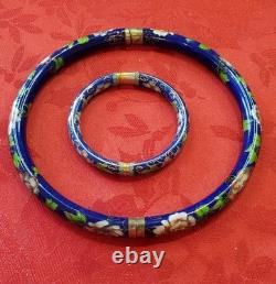 Vintage Cloisonne Hinged Necklace Bracelet Combo Enameled Bangle Collar
