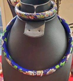 Vintage Cloisonne Hinged Necklace Bracelet Combo Enameled Bangle Collar