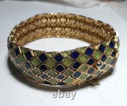 Vintage Coro Enamel Snake Bracelet Gold Tone Green Blue 1950s