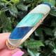 Vintage Cream Aqua Navy Blue Pearlized Enamel Hinged Bangle Bracelet Gold Tone