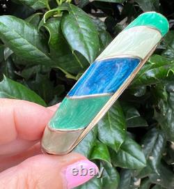 Vintage Cream Aqua Navy Blue Pearlized Enamel Hinged Bangle Bracelet Gold Tone