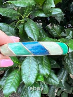 Vintage Cream Aqua Navy Blue Pearlized Enamel Hinged Bangle Bracelet Gold Tone