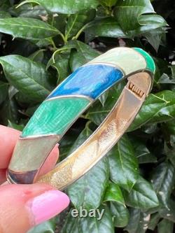Vintage Cream Aqua Navy Blue Pearlized Enamel Hinged Bangle Bracelet Gold Tone