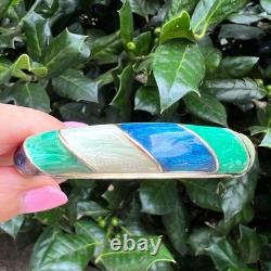 Vintage Cream Aqua Navy Blue Pearlized Enamel Hinged Bangle Bracelet Gold Tone