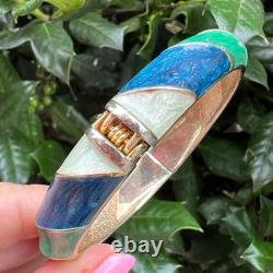 Vintage Cream Aqua Navy Blue Pearlized Enamel Hinged Bangle Bracelet Gold Tone