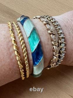 Vintage Cream Aqua Navy Blue Pearlized Enamel Hinged Bangle Bracelet Gold Tone