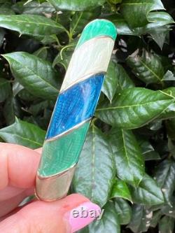 Vintage Cream Aqua Navy Blue Pearlized Enamel Hinged Bangle Bracelet Gold Tone