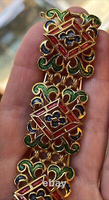 Vintage Crown Trifari L'orient Red Green Blue Guilloche Enamel Gold Bracelet