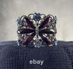 Vintage Czech Filigree Butterfly Bracelet Ruby Garnet Glass Blue Enamel 1940s