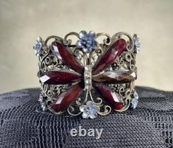 Vintage Czech Filigree Butterfly Bracelet Ruby Garnet Glass Blue Enamel 1940s