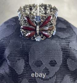 Vintage Czech Filigree Butterfly Bracelet Ruby Garnet Glass Blue Enamel 1940s