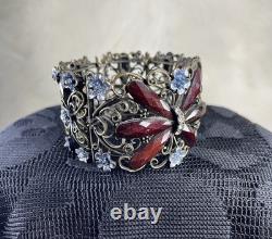 Vintage Czech Filigree Butterfly Bracelet Ruby Garnet Glass Blue Enamel 1940s