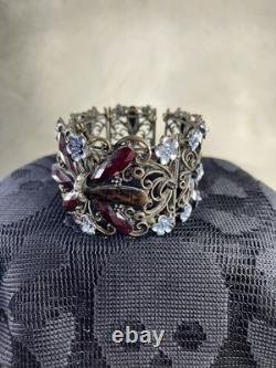 Vintage Czech Filigree Butterfly Bracelet Ruby Garnet Glass Blue Enamel 1940s