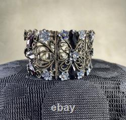 Vintage Czech Filigree Butterfly Bracelet Ruby Garnet Glass Blue Enamel 1940s