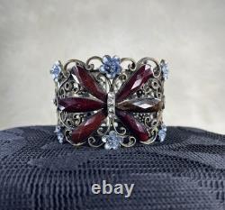 Vintage Czech Filigree Butterfly Bracelet Ruby Garnet Glass Blue Enamel 1940s