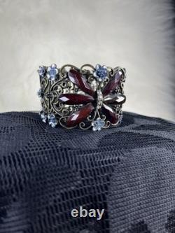 Vintage Czech Filigree Butterfly Bracelet Ruby Garnet Glass Blue Enamel 1940s