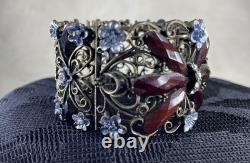 Vintage Czech Filigree Butterfly Bracelet Ruby Garnet Glass Blue Enamel 1940s