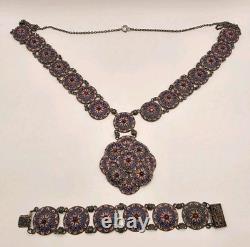 Vintage Czech Pink, Blue Enamel, Purple Crystal Silvertone Necklace/Bracelet