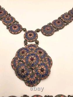 Vintage Czech Pink, Blue Enamel, Purple Crystal Silvertone Necklace/Bracelet