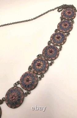 Vintage Czech Pink, Blue Enamel, Purple Crystal Silvertone Necklace/Bracelet