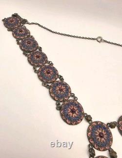 Vintage Czech Pink, Blue Enamel, Purple Crystal Silvertone Necklace/Bracelet