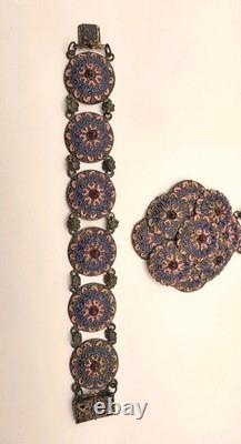 Vintage Czech Pink, Blue Enamel, Purple Crystal Silvertone Necklace/Bracelet