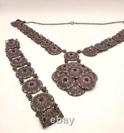 Vintage Czech Pink, Blue Enamel, Purple Crystal Silvertone Necklace/Bracelet
