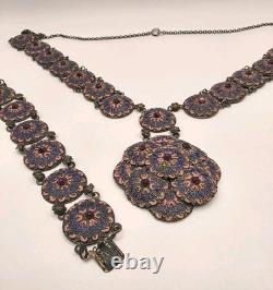 Vintage Czech Pink, Blue Enamel, Purple Crystal Silvertone Necklace/Bracelet