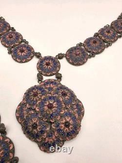 Vintage Czech Pink, Blue Enamel, Purple Crystal Silvertone Necklace/Bracelet