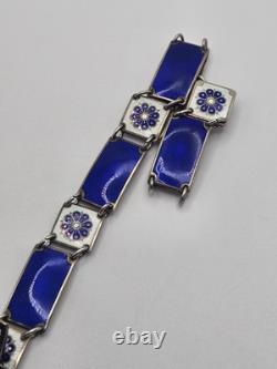 Vintage David Andersen Sterling Silver Blue Guilloche Enamel Floral Bracelet