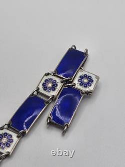 Vintage David Andersen Sterling Silver Blue Guilloche Enamel Floral Bracelet