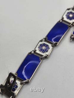 Vintage David Andersen Sterling Silver Blue Guilloche Enamel Floral Bracelet