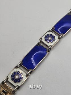 Vintage David Andersen Sterling Silver Blue Guilloche Enamel Floral Bracelet