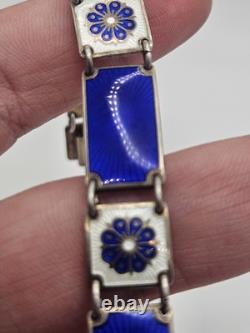 Vintage David Andersen Sterling Silver Blue Guilloche Enamel Floral Bracelet