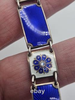 Vintage David Andersen Sterling Silver Blue Guilloche Enamel Floral Bracelet