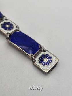 Vintage David Andersen Sterling Silver Blue Guilloche Enamel Floral Bracelet